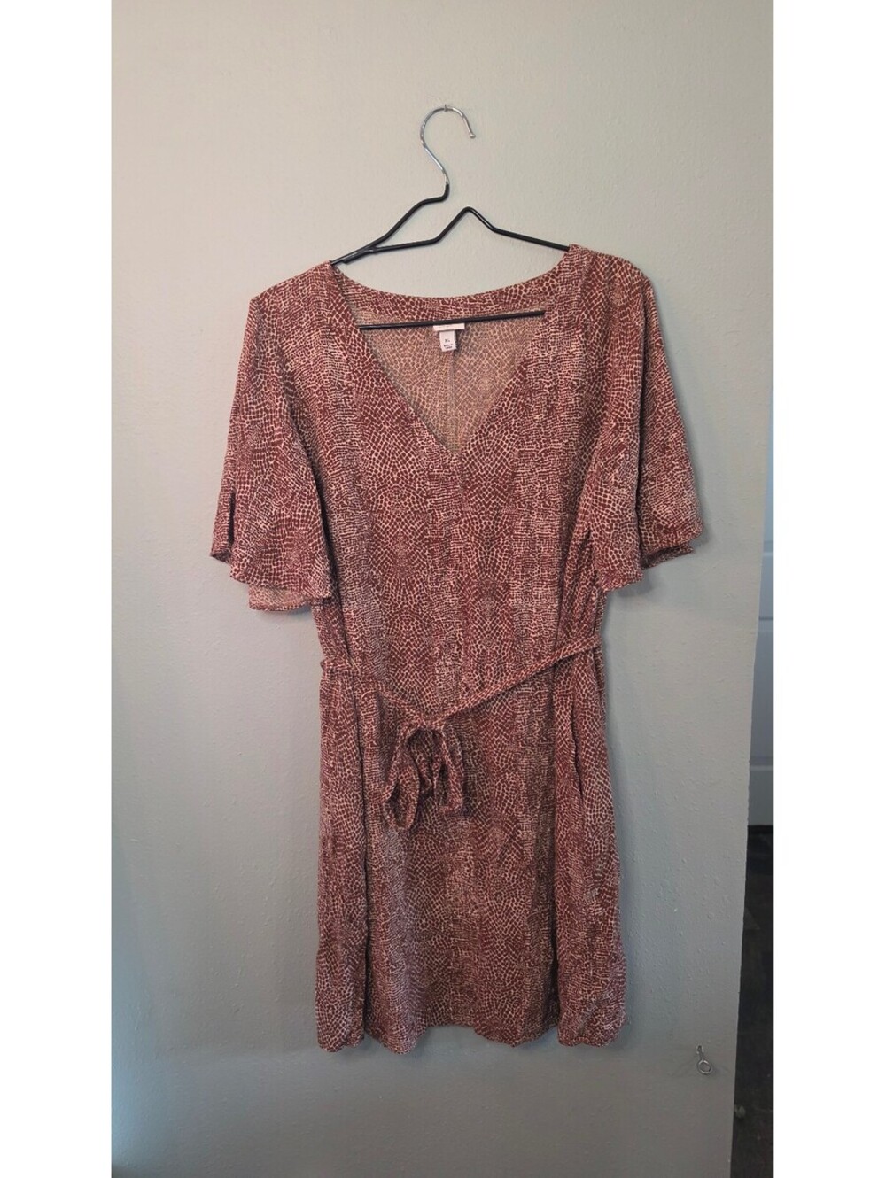 A New Day Brown Snake Print Faux Wrap Dress Women's XL Flutter Sleeve Tie Waist